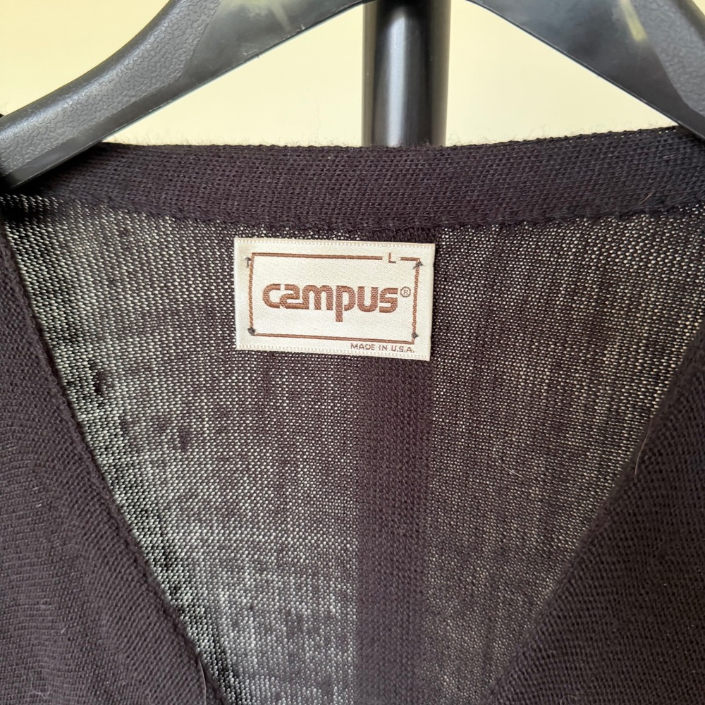 70's Campus Vintage Black V-Neck Button Front Cardigan Sweater Made in USA M/L - Picture 2 of 7